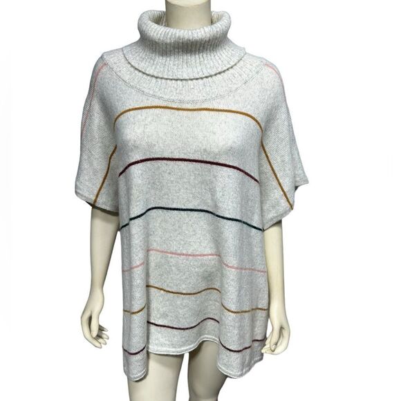 Loft Light Gray Poncho Sweater Short Sleeve Turtleneck Shrug Colorful Stripes - Picture 1 of 11